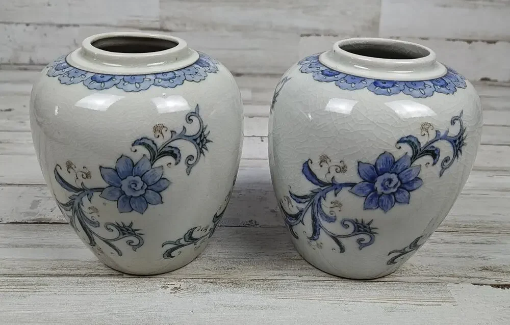 Andrea by Sadek Blue Floral Ginger Jar Vases Pair Japan White Porcelain No Lids